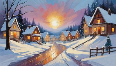 The primary subject of the image is a snowy street with houses on both sides. The setting is a winter scene with snow covering the ground and trees. The visual style is a painting, which gives the image a more artistic and detailed appearance. The colors and mood are predominantly white and cold, reflecting the winter season and the snowy environment.